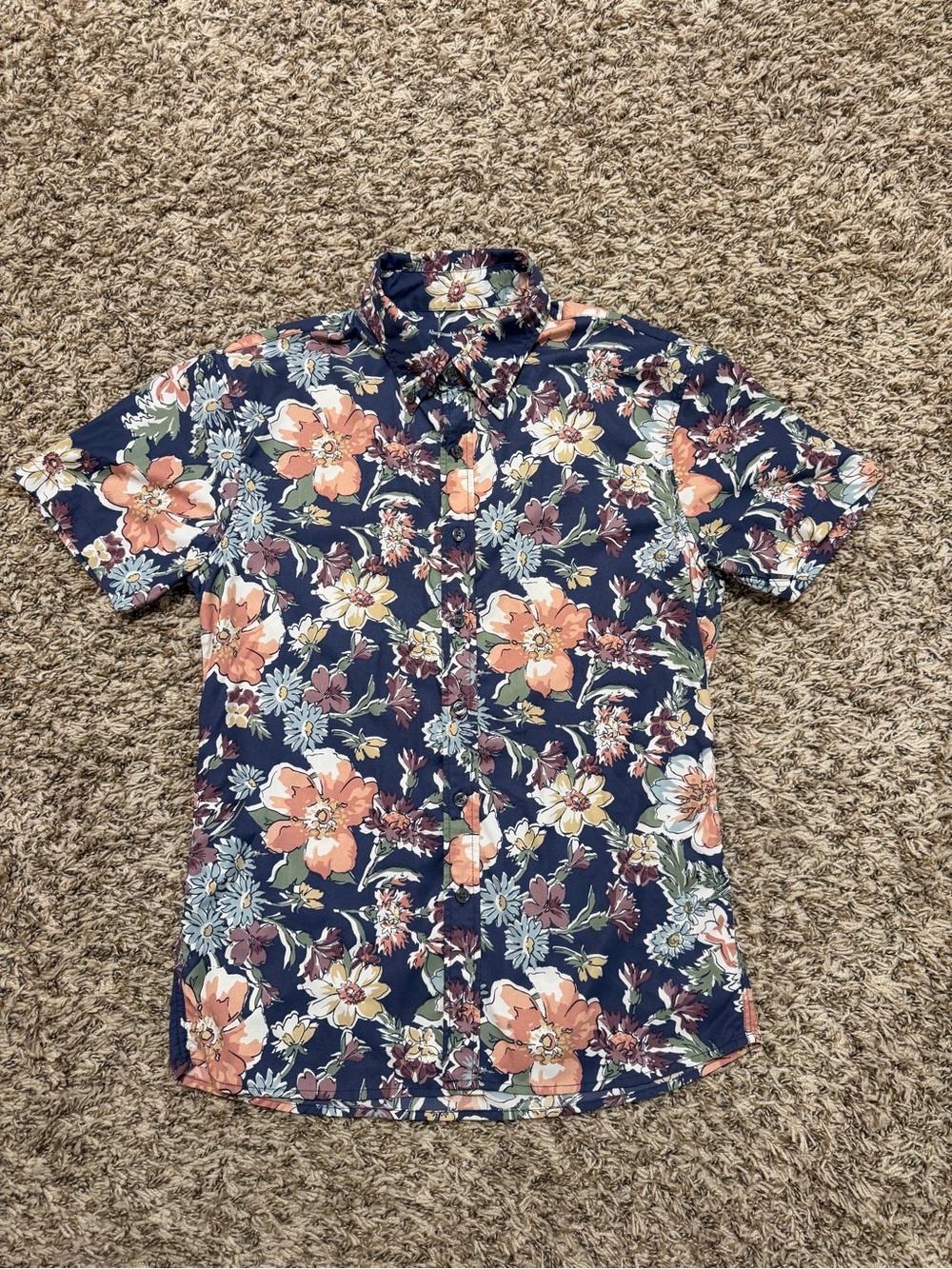 Men's XS Lightweight Navy Floral Short-Sleeve Button-Up Shirt